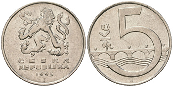 Чехия 5 крон 1994 KM 8 сталь плакированная никелем 4616-1235