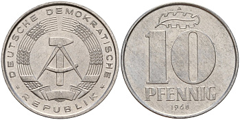 ГДР 10 пфеннигов 1968 A KM 10 алюминий 67-1017