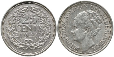 НИДЕРЛАНДЫ 25 ЦЕНТОВ 1941 ВИЛЬГЕЛЬМИНА I (1890-1948) КМ 164 серебро 202-553