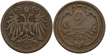 Австрия 2 геллера 1894 Франц Иосиф I (1848-1916) (1846-1918) KM 2801 бронза 4158-634