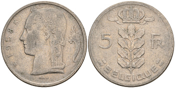 БЕЛЬГИЯ 5 ФРАНКОВ 1958 BELGIQUE KM 134.1 медно-никель 92-357