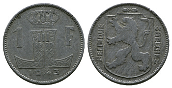 БЕЛЬГИЯ 1 ФРАНК 1943 BELGIQUE - BELGIE KM 127 цинк 4384-124