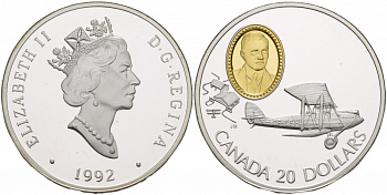 Канада 20 долларов 1992 самолет Кёртис JN-4, промышленник Фрэнк Уилтон Бейли  KM 224 серебро, позолота PROOF 1088-6-64