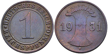 ГЕРМАНИЯ 1 РЕЙХСПФЕННИГ 1931 F KM 37, J. 313, Weege 2 бронза 4547-158