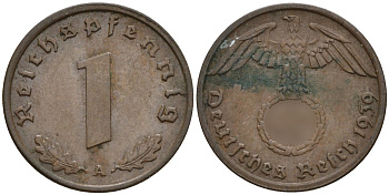 Германия 1 рейхспфенниг 1939 A KM 89, J. 361 бронза 4147-1139