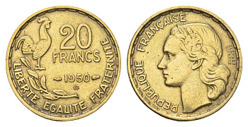 Франция 20 франков 1950 B, GEORGES GUIRAUD KM 916.2 алюминиевая бронза 4660-312