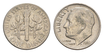 США 1 дайм (10 центов) 1967 президент Рузвельт KM 195a медь плакированная медно-никелем 4649-1259