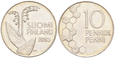 ФИНЛЯНДИЯ 10 ПЕННИ 1993 М, ЛАНДЫШ KM 65 медно-никель 4547-236