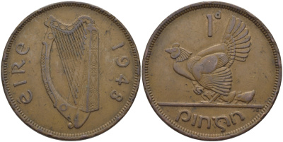 ИРЛАНДИЯ 1 ПЕННИ 1948 КУРИЦА С ЦЫПЛЯТАМИ KM 11 бронза 97-944