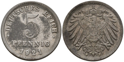 Германия 5 пфеннигов 1921 F KM 19, J. 297 железо 4151-642