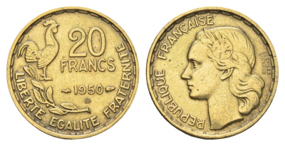 Франция 20 франков 1950 B, GEORGES GUIRAUD KM 916.2 алюминиевая бронза 4660-312