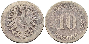 ГЕРМАНИЯ 10 ПФЕННИГОВ 1874 H, СТАРОГЕРБОВКА KM 4, J. 4 медно-никель 4401-232