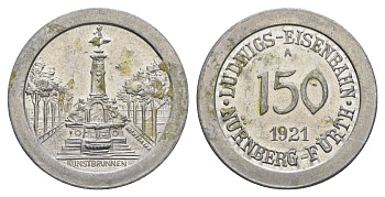 Нюрнберг - Фюрт 150 пфеннигов 1921 юбилейный жетон железной дороги - художественный фонтан алюминий aUNC 4548-452