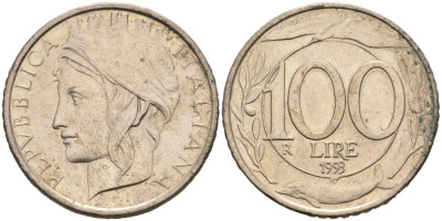 Италия 100 лир 1993 R KM 159 медно-никель 92-342