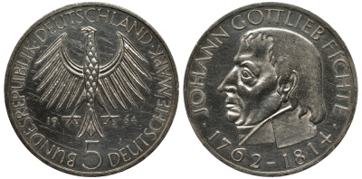 ФРГ 5 марок 1964 J, 150 лет со дня смерти Иоганна Готлиба Фихте J. 393, KM 118.1 серебро 413-1411