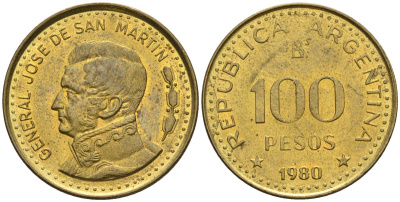 Аргентина 100 песо 1980 Ba, генерал Хосе де Сан Мартин KM 85a, Schon 86a сталь плакированная латунью    60-553