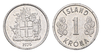 Исландия 1 крона 1976 KM 23 алюминий UNC 4687-768
