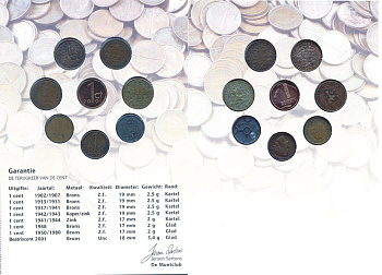 Нидерланды набор из 8 монет по 1 центу 1902-2001 история Нидерландов в монетах, до королевы Беатрикс 7-6-1-27