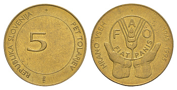 Словения 5 толаров 1995 50 лет Победы над фашизмом и нацизмом KM 22 латунь UNC 4660-141