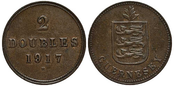 Гернси 2 дабла (дубля) 1917 H, самый редкий год, тираж 15000 экземпляроа KM 12 бронза 650-631