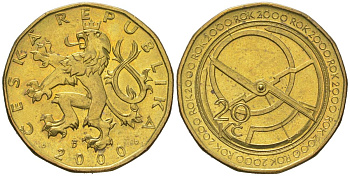 Чехия 20 крон 2000 Смена тысячелетия - 2000 год KM 43 сталь плакированная латунью aUNC 190-841