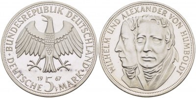 ФРГ 5 марок 1967 F, Вильгельм и Александр фон Гумбольдт J. 395, KM 120.1 серебро UNC 650-1312