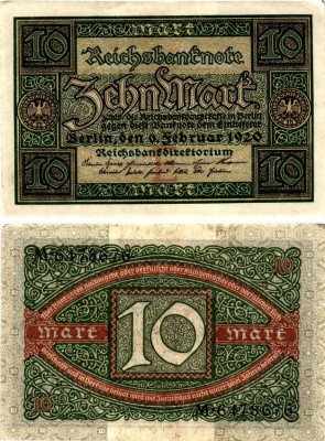 Германия 10 марок 1920 Pick 67a бумага aUNC 7375-42-3-1