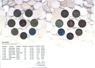 Нидерланды набор из 8 монет по 1 центу 1902-2001 история Нидерландов в монетах, до королевы Беатрикс 7-6-1-27