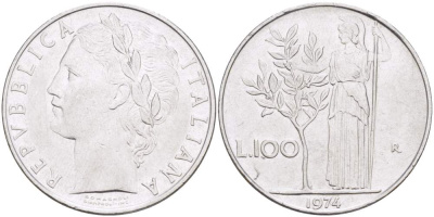 ИТАЛИЯ 100 ЛИР 1974 R, АФИНА KM 96.1 нержавеющая сталь 4526-325