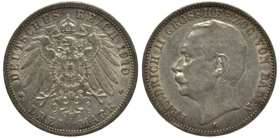 Баден 3 марки 1910 Фридрих II (1907-1918) J. 39, KM 280 серебро    3711-1642
