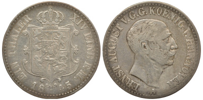 Брауншвейг-Каленберг-Ганновер 1 талер 1845 A, Эрнст Август (1837-1851) КМ 197.1 Welter 3139, Thun 164, AKS 105, Jaeger 69, Kahnt 232, Davenport 673 серебро 00-807-25