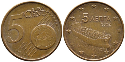 ГРЕЦИЯ 5 ЕВРОЦЕНТОВ 2002 KM 183 сталь плакированная медью 4390-1142