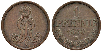 Ганновер 1 пфенниг 1858 B, Георг V KM 233, AKS 156, J. 90 медь 4594-551