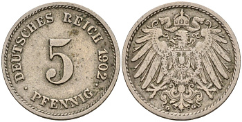 Германия 5 пфеннигов 1902 A KM 11, J. 12 медно-никель 4151-432
