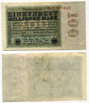 ГЕРМАНИЯ 100000000 МАРОК 1923 Pick 107а бумага 8589-57-2-2