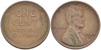 США 1 ЦЕНТ 1944 S, ЛИНКОЛЬН KM А132 медь цинк 3309-467