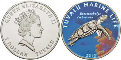 Тувалу 1 доллар 2010 морская черепаха, цветная эмаль KM NEW серебро PROOF 1078-9-24