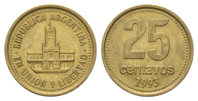 Аргентина 25 сентаво 1993 ратуша Буэнос-Айреса KM 110.1 алюминиевая бронза 4575-636