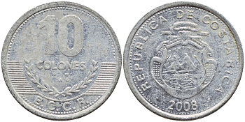 КОСТА-РИКА 10 КОЛОН 2008 B.C.C.R. KM 228b алюминий 51-2435