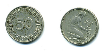 ФРГ 50 пфеннигов 1950 F KM 109.1, J. 384 медно-никель 62-2246