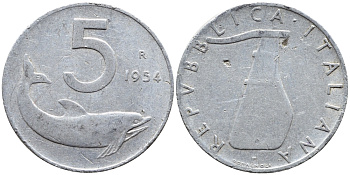 ИТАЛИЯ 5 ЛИР 1954 R, РУЛЬ, ДЕЛЬФИН KM 92 алюминий 4391-1143