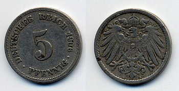 ГЕРМАНИЯ 5 ПФЕННИГОВ 1906 A, KM 11, J. 12 медно-никель 76-318