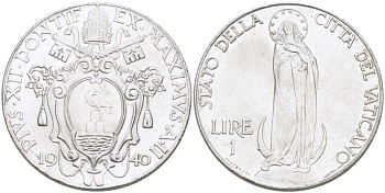 Ватикан 1 лира 1940 II год, папа Пий XII (1939-1958), Дева Мария KM 26a нержавеющая сталь 4512-846