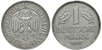 ФРГ 1 МАРКА 1957 G KM 110, J. 385 медно-никель 72-643