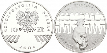 Польша 10 злотых 2006 MW, 30 лет акциям протеста в июне 1976 года KM 598 серебро PROOF 1087-8-52
