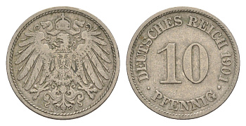 Германия 10 пфеннигов 1901 A, Вильгельм II (1888-1918) KM 12, J. 13 медно-никель 4644-1155