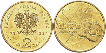 Польша 2 злотых 2000 20 лет независимому самоуправляемому профсоюзу «Солидарность» Y 394 нордик UNC 4122-1146