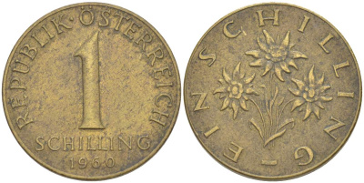 Австрия 1 шиллинг 1960 KM 2886 алюминиевая бронза 4525-533