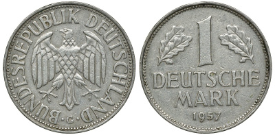 ФРГ 1 МАРКА 1957 G KM 110, J. 385 медно-никель 72-643