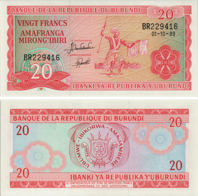 БУРУНДИ 20 ФРАНКОВ 1989 Pick 27b бумага UNC (ПРЕСС) 8605-32-1-2